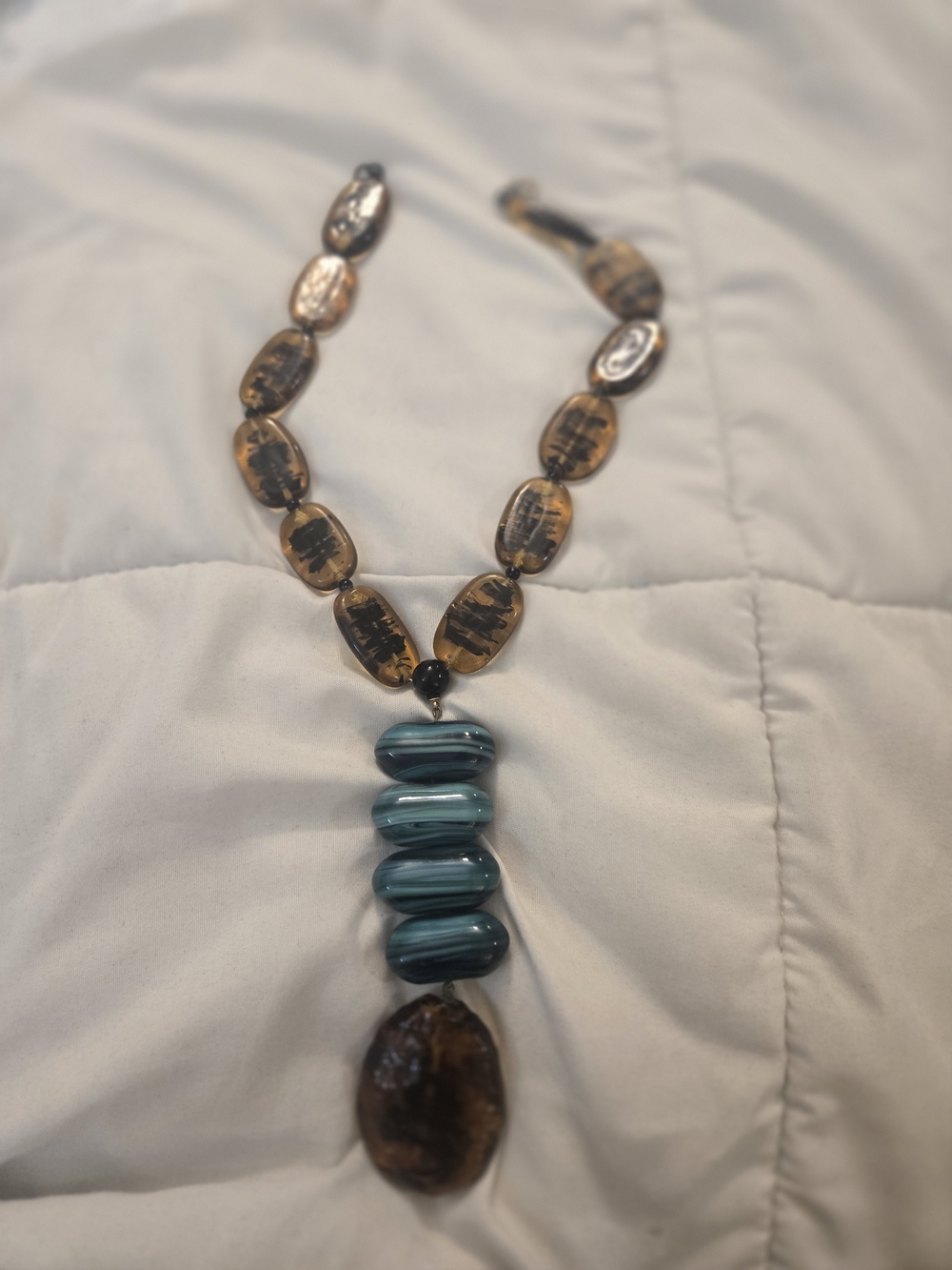 Teal and Brown Beaded Pendant Necklace - Fashion Jewelry